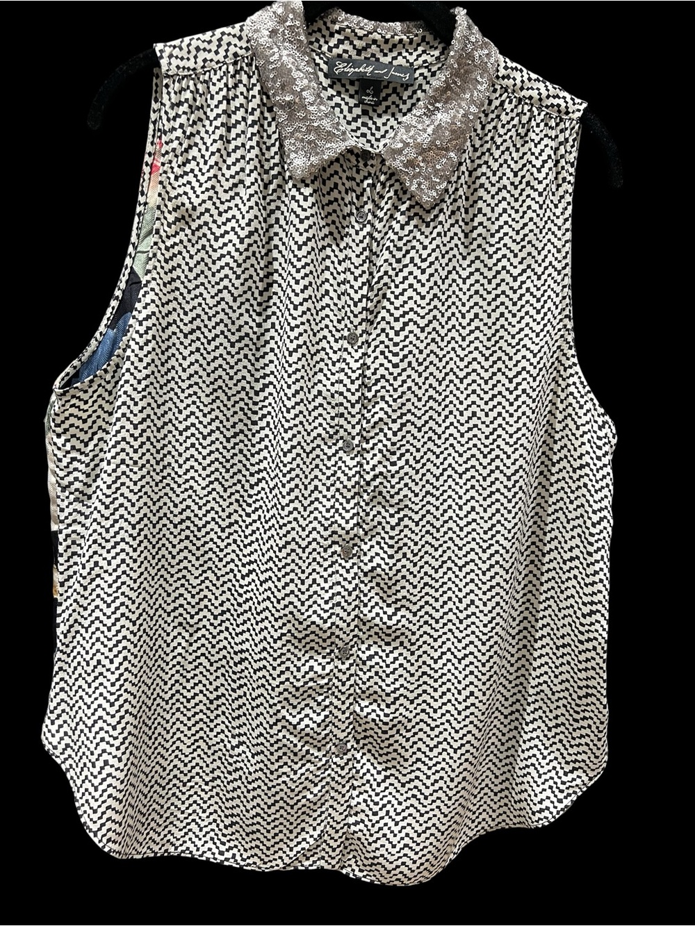 Elizabeth and James Black & White zigzag blouse with sequin collar Size L